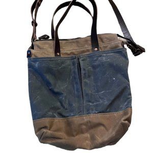waxed tan and blue canvas tote bag with shoulder strap